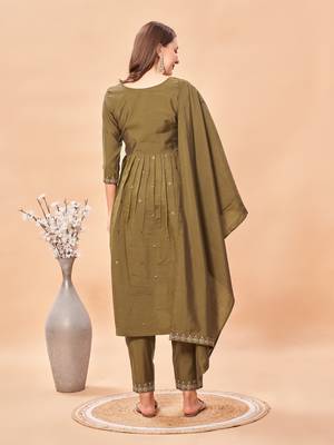 Womens Brown Latest Pure Art Silk Embroidery Work Kurta, Pant With Dupatta Set Women Stylish Kurta Set For Festival wear 4