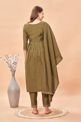 Womens Brown Latest Pure Art Silk Embroidery Work Kurta, Pant With Dupatta Set Women Stylish Kurta Set For Festival wear