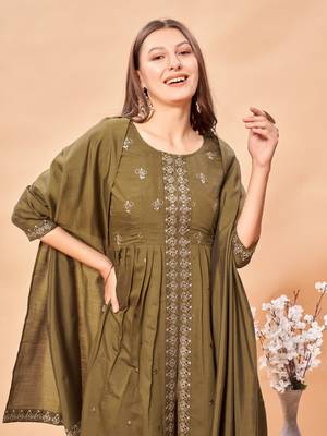 Womens Brown Latest Pure Art Silk Embroidery Work Kurta, Pant With Dupatta Set Women Stylish Kurta Set For Festival wear 5