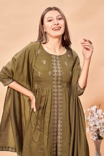 Womens Brown Latest Pure Art Silk Embroidery Work Kurta, Pant With Dupatta Set Women Stylish Kurta Set For Festival wear