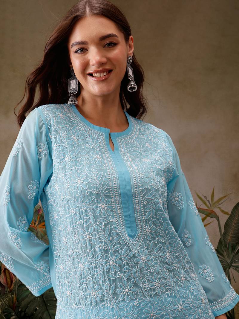 Hand embroidered blue georgette lucknowi chikankari straight kurta with palazzo