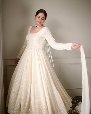 Off white Georgette Sequins Work Gown pent and dupatta suit set    3