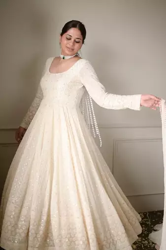 Off white Georgette Sequins Work Gown pent and dupatta suit set   