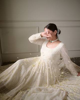 Off white Georgette Sequins Work Gown pent and dupatta suit set    4