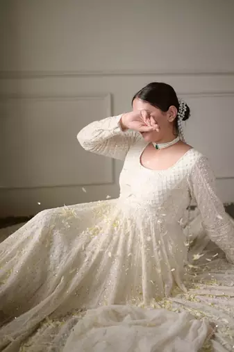 Off white Georgette Sequins Work Gown pent and dupatta suit set   