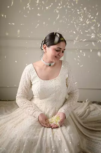 Off white Georgette Sequins Work Gown pent and dupatta suit set   
