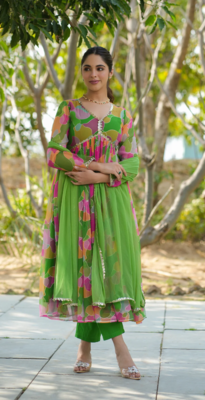 Green Georgette Printed Alia Cut Suit kurta pant and dupatta Set 2