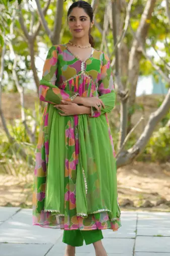 Green Georgette Printed Alia Cut Suit kurta pant and dupatta Set