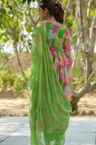 Green Georgette Printed Alia Cut Suit kurta pant and dupatta Set