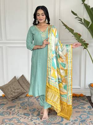 Firoji Embroidered Viscose Blend Fabric Straight Kurta, Pant and Dupatta Set 1