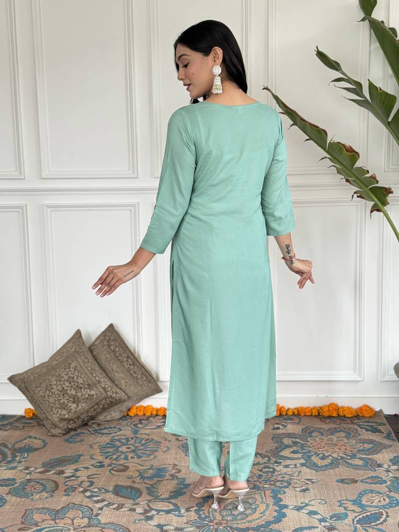 Firoji Embroidered Viscose Blend Fabric Straight Kurta, Pant and Dupatta Set