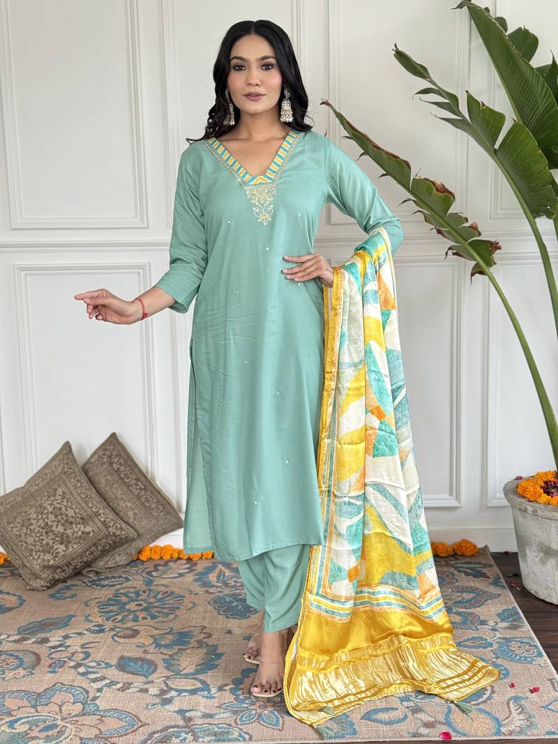 Firoji Embroidered Viscose Blend Fabric Straight Kurta, Pant and Dupatta Set