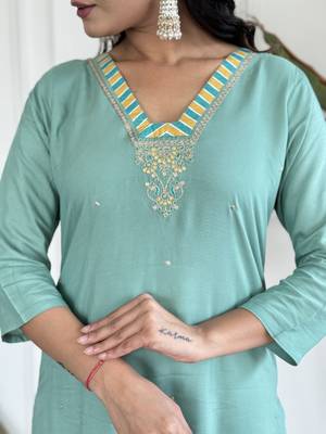 Firoji Embroidered Viscose Blend Fabric Straight Kurta, Pant and Dupatta Set 4