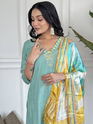 Firoji Embroidered Viscose Blend Fabric Straight Kurta, Pant and Dupatta Set 5