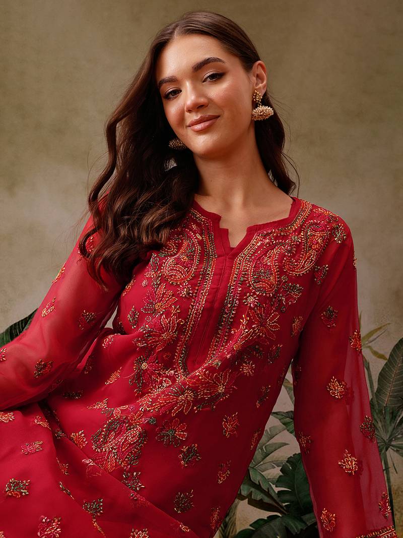 Hand embroidered red georgette lucknowi chikankari kurta/palazzo set with slip
