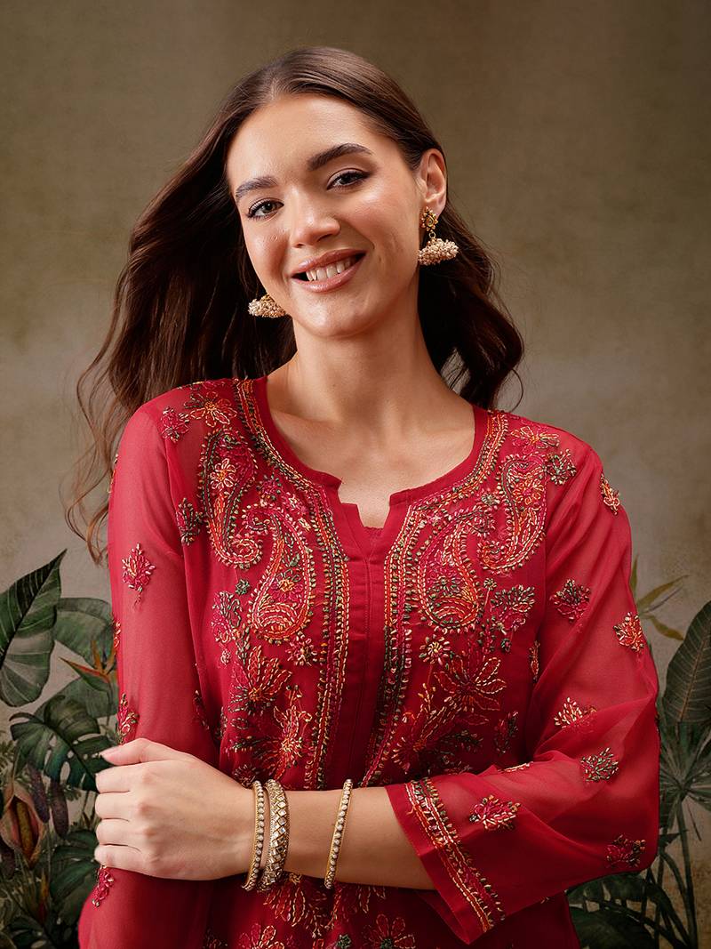 Hand embroidered red georgette lucknowi chikankari kurta/palazzo set with slip