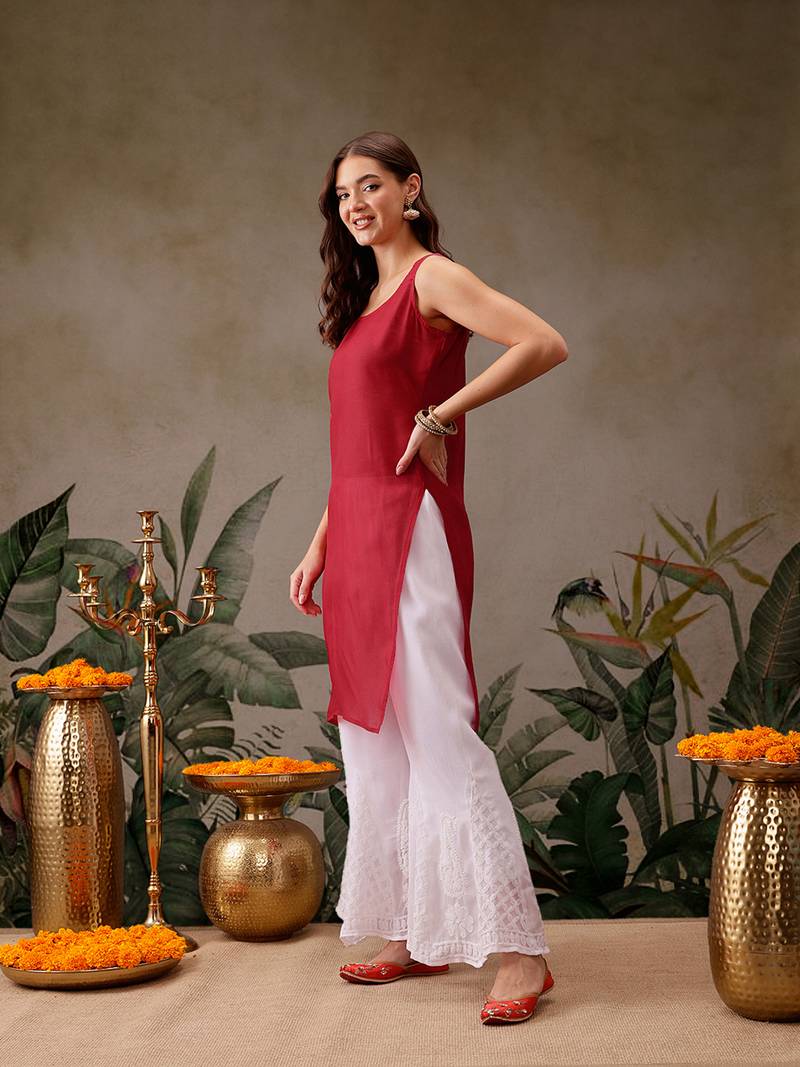 Hand embroidered red georgette lucknowi chikankari kurta/palazzo set with slip