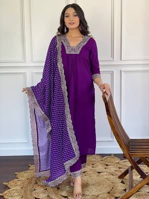 Wine Embroidered Viscose Fabric Straight Kurta, Pant and Dupatta Set 1