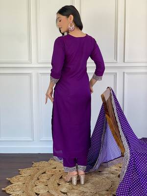 Wine Embroidered Viscose Fabric Straight Kurta, Pant and Dupatta Set 2