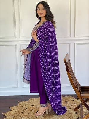 Wine Embroidered Viscose Fabric Straight Kurta, Pant and Dupatta Set 3