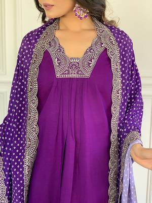 Wine Embroidered Viscose Fabric Straight Kurta, Pant and Dupatta Set 4