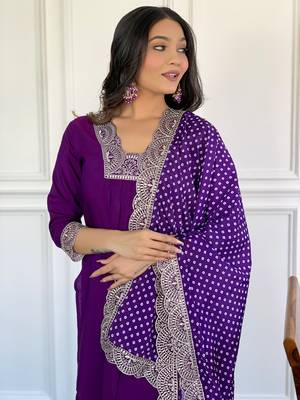 Wine Embroidered Viscose Fabric Straight Kurta, Pant and Dupatta Set 5