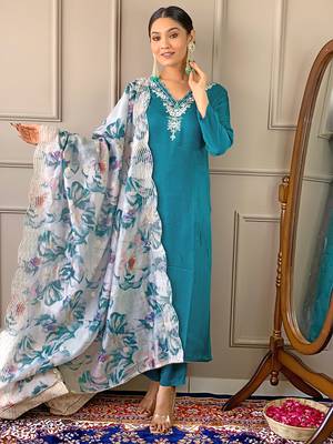 Gorgeous Embroidered Viscose Fabric Straight Kurta, Pant and Dupatta Set 1