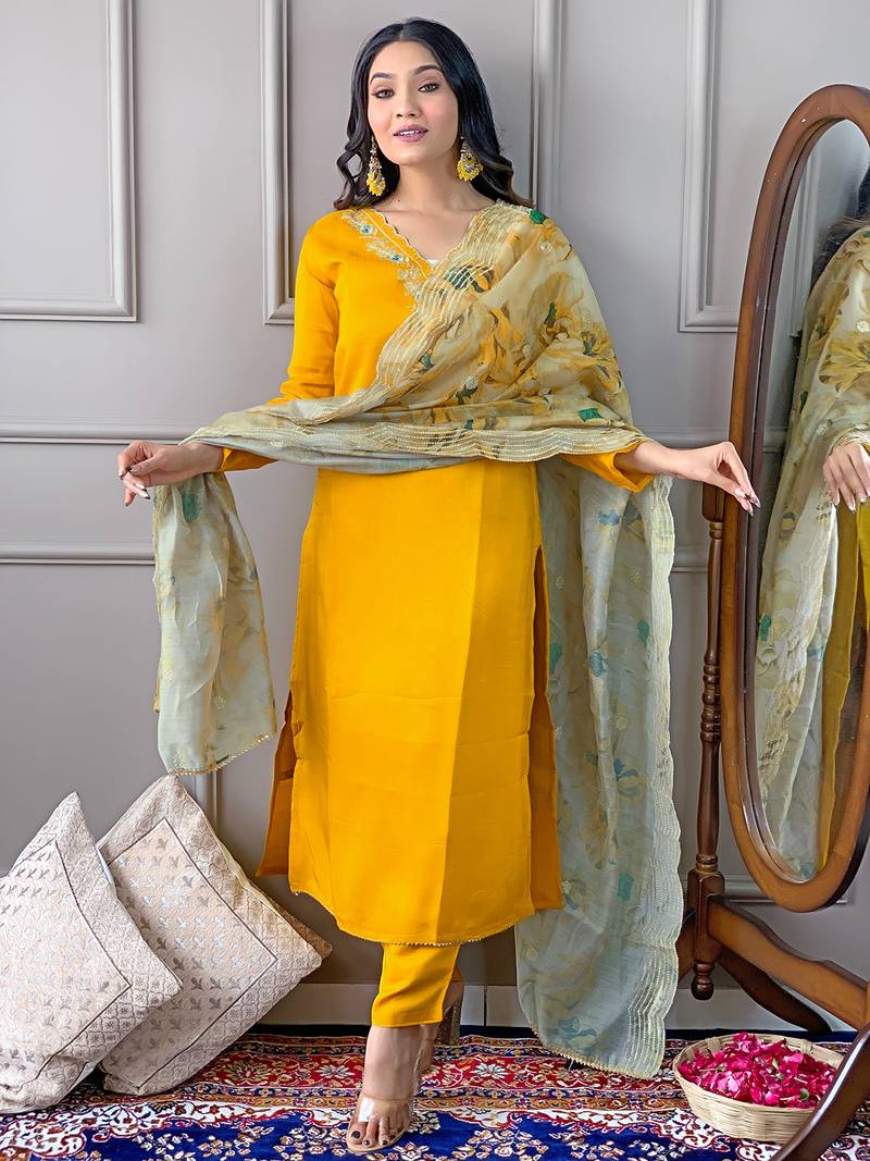Gorgeous Embroidered Viscose Fabric Straight Kurta, Pant and Dupatta Set
