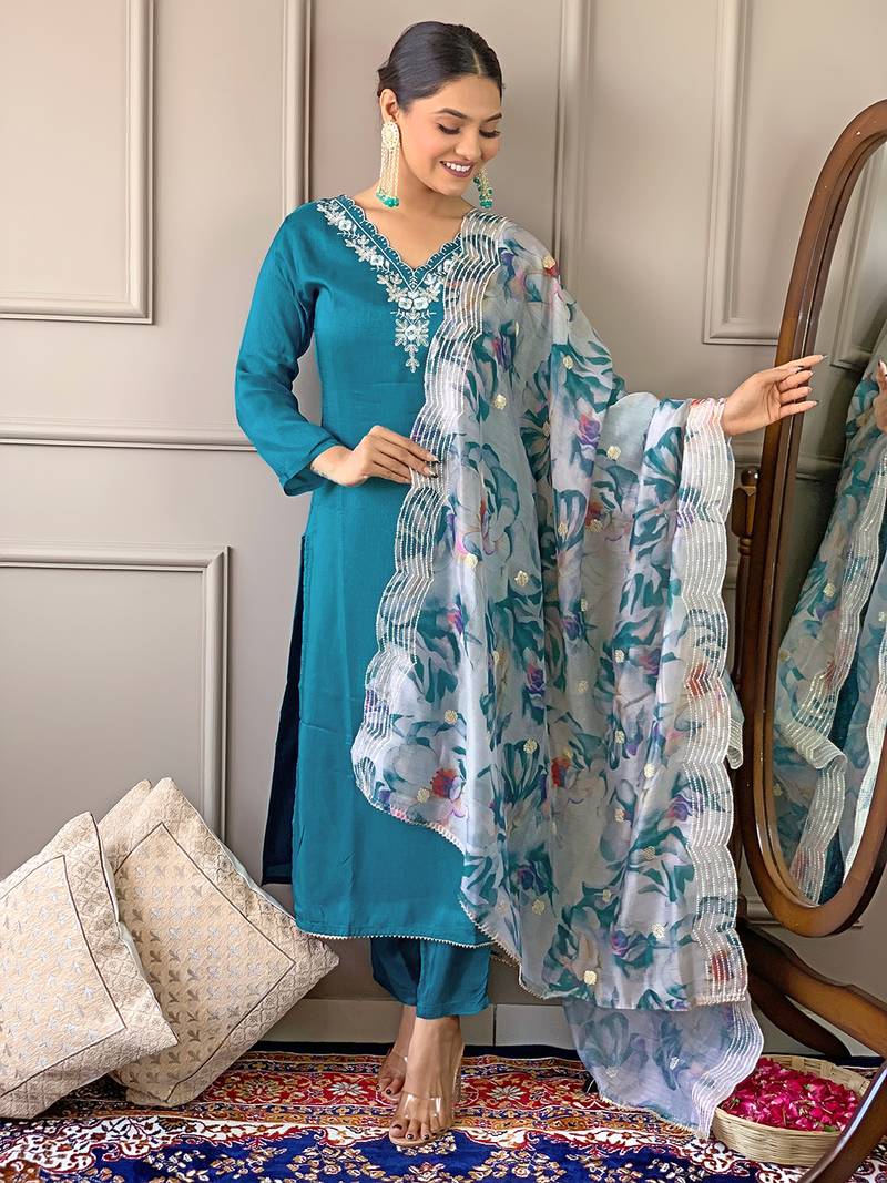 Gorgeous Embroidered Viscose Fabric Straight Kurta, Pant and Dupatta Set