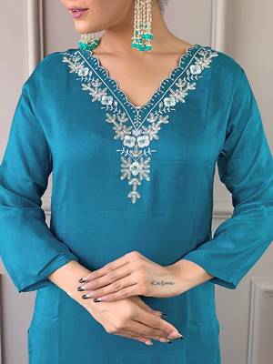 Gorgeous Embroidered Viscose Fabric Straight Kurta, Pant and Dupatta Set 4