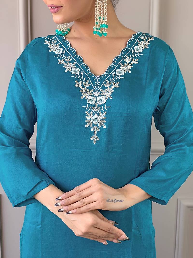 Gorgeous Embroidered Viscose Fabric Straight Kurta, Pant and Dupatta Set