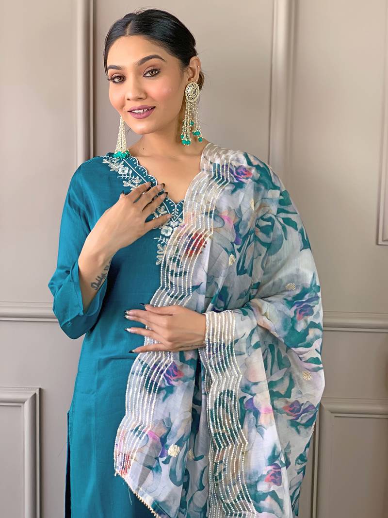 Gorgeous Embroidered Viscose Fabric Straight Kurta, Pant and Dupatta Set