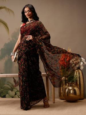 Hand embroidered black georgette lucknowi chikankari saree with blouse 1