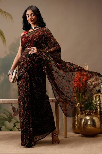 Hand embroidered black georgette lucknowi chikankari saree with blouse