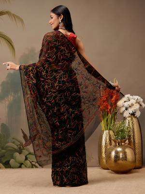Hand embroidered black georgette lucknowi chikankari saree with blouse 3