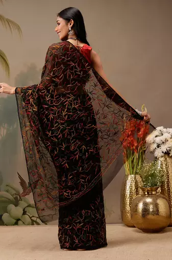 Hand embroidered black georgette lucknowi chikankari saree with blouse