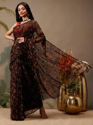 Hand embroidered black georgette lucknowi chikankari saree with blouse 4
