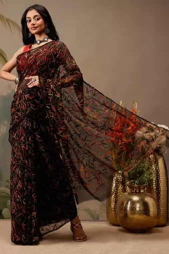Hand embroidered black georgette lucknowi chikankari saree with blouse
