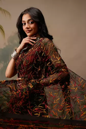 Hand embroidered black georgette lucknowi chikankari saree with blouse
