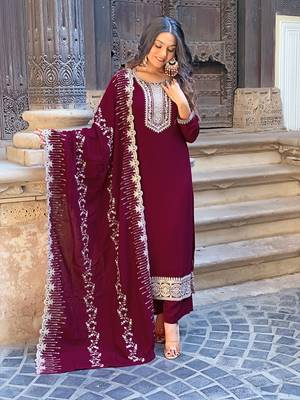Wine Embroidered Vichitra Silk Fabric Straight Kurta, Pant and Dupatta Set 1