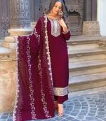 Wine Embroidered Vichitra Silk Fabric Straight Kurta, Pant and Dupatta Set