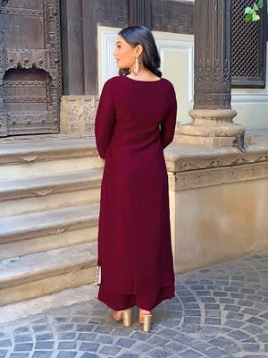 Wine Embroidered Vichitra Silk Fabric Straight Kurta, Pant and Dupatta Set 2