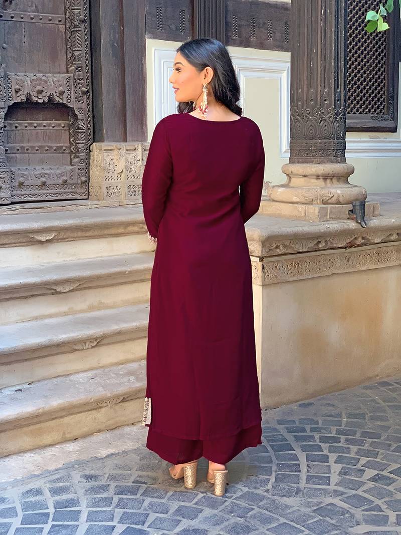 Wine Embroidered Vichitra Silk Fabric Straight Kurta, Pant and Dupatta Set
