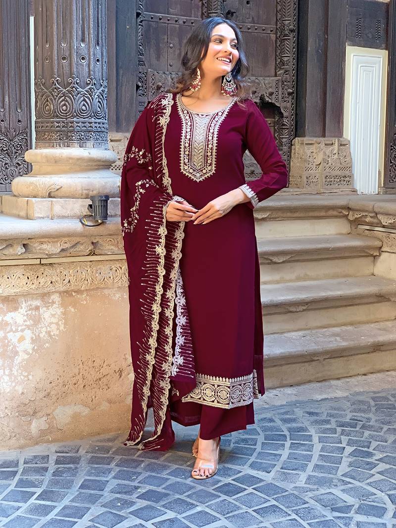Wine Embroidered Vichitra Silk Fabric Straight Kurta, Pant and Dupatta Set