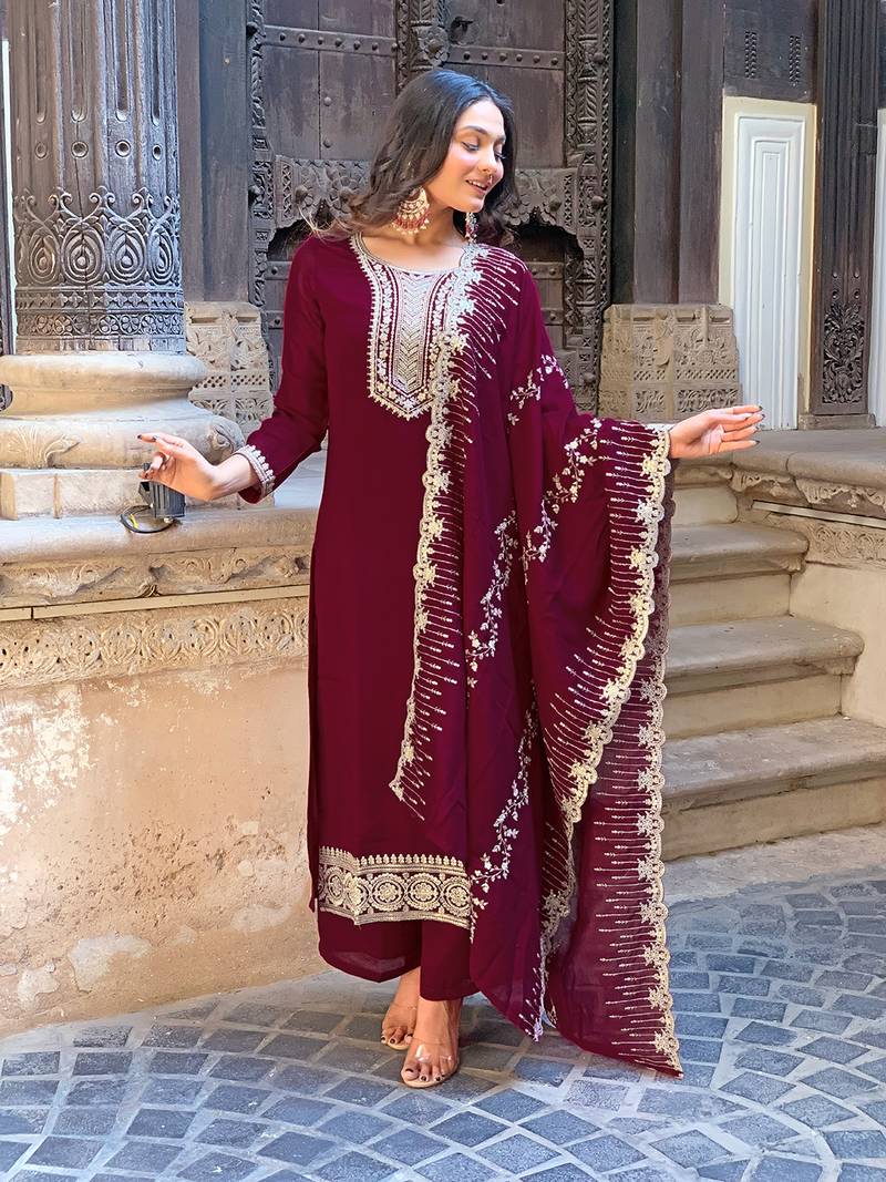 Wine Embroidered Vichitra Silk Fabric Straight Kurta, Pant and Dupatta Set