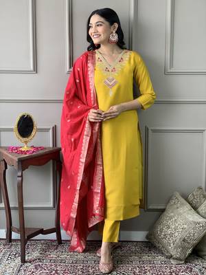 Mustard Embroidered Chanderi Straight Kurta Pant and Dupatta Set 1
