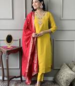 Mustard Embroidered Chanderi Fabric Straight Kurta, Pant and Dupatta Set