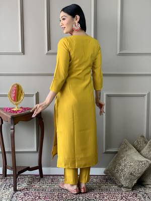 Mustard Embroidered Chanderi Straight Kurta Pant and Dupatta Set 2