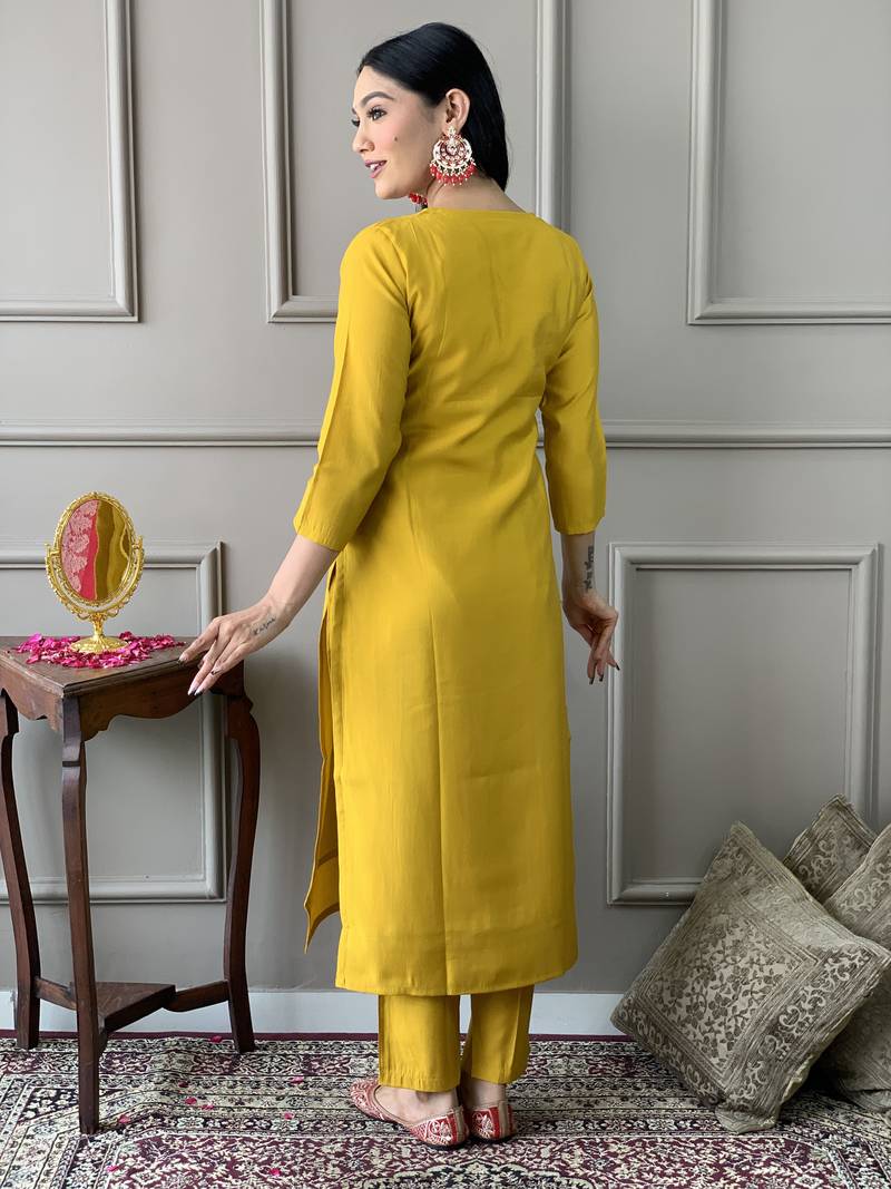 Mustard Embroidered Chanderi Fabric Straight Kurta, Pant and Dupatta Set