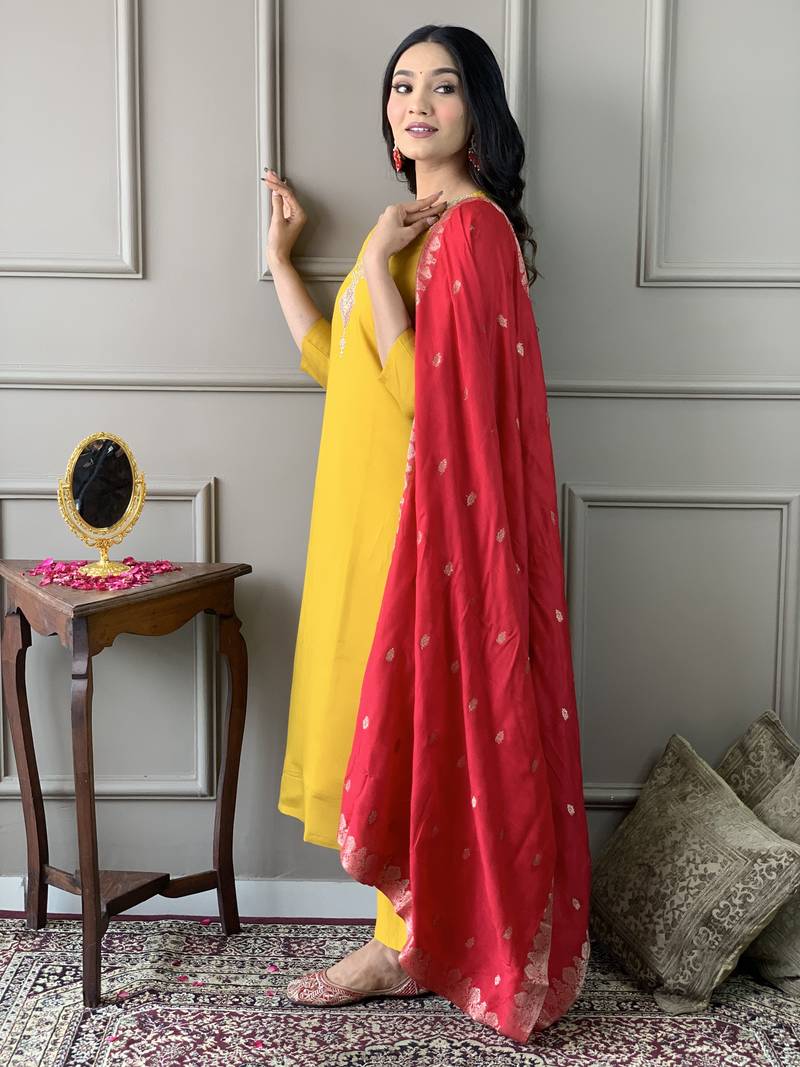 Mustard Embroidered Chanderi Fabric Straight Kurta, Pant and Dupatta Set